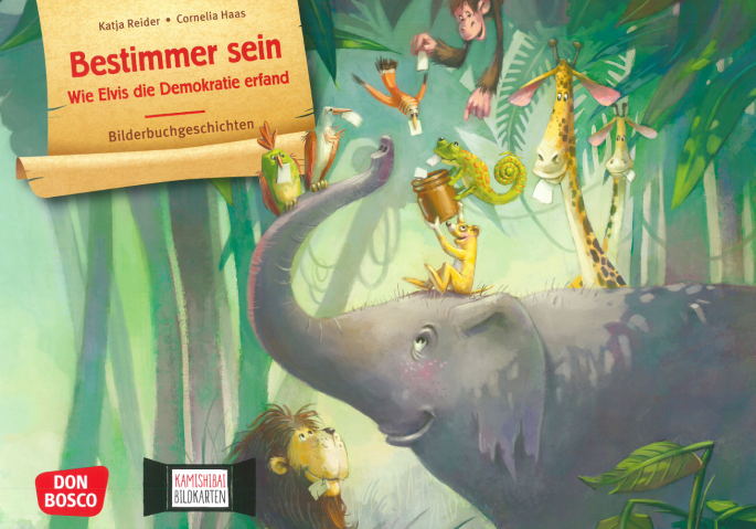 © Don Bosco Verlag | Bildquelle: https://www.donbosco-medien.de/bestimmer-sein-wie-elvis-die-demokratie-erfand-kamishibai-bildkartenset/t-1/4653?srsltid=AfmBOop79pdu3mndpa39fXoZLO-qnlVtkM5lZ0wEcEdcZeUMDqcrc2sj | Urheber:in: Katja Reider Das Bild zeigt das Titelbild des Kamishibai - Bestimmer sein