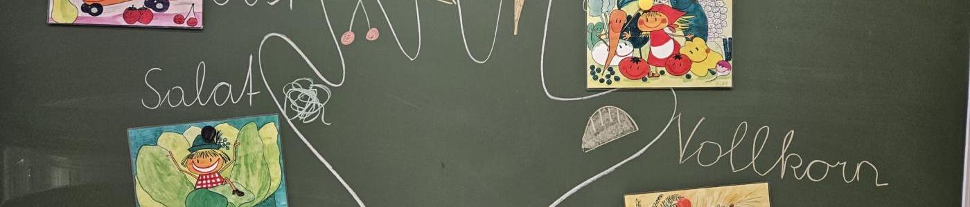 Tafelbild mit den 5 Essensbereichen: Vollkorn,Gemüse,Milch; Obst und Salat