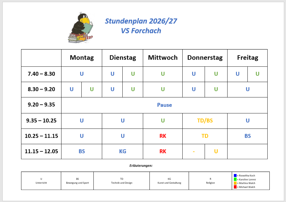 Stundenplan der VS Forchach
